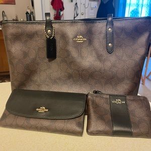 Coach Chocolate Brown Signature Tote with Checkbook Wallet and Coin Purse